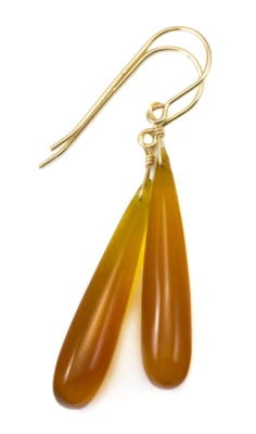 Amber Yellow Chalcedony Earrings Smooth Long Drop Gold Fill 925 Sterling Silver - Image 1 of 3