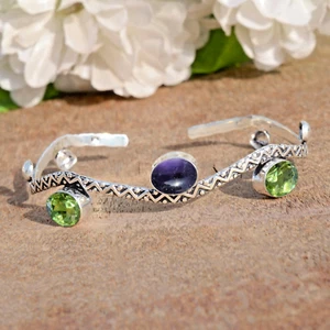 Faceted Peridot & Amethyst Gemstone 925 Sterling Silver Beauty Bangle Cuff - Picture 1 of 9