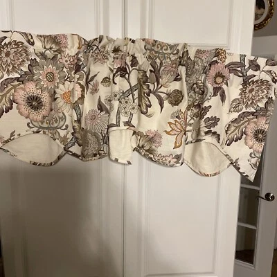 1 Waverly Lined Tiered Cream Jacobean Floral Scallop Valance  18”x 60” - Image 1 of 4