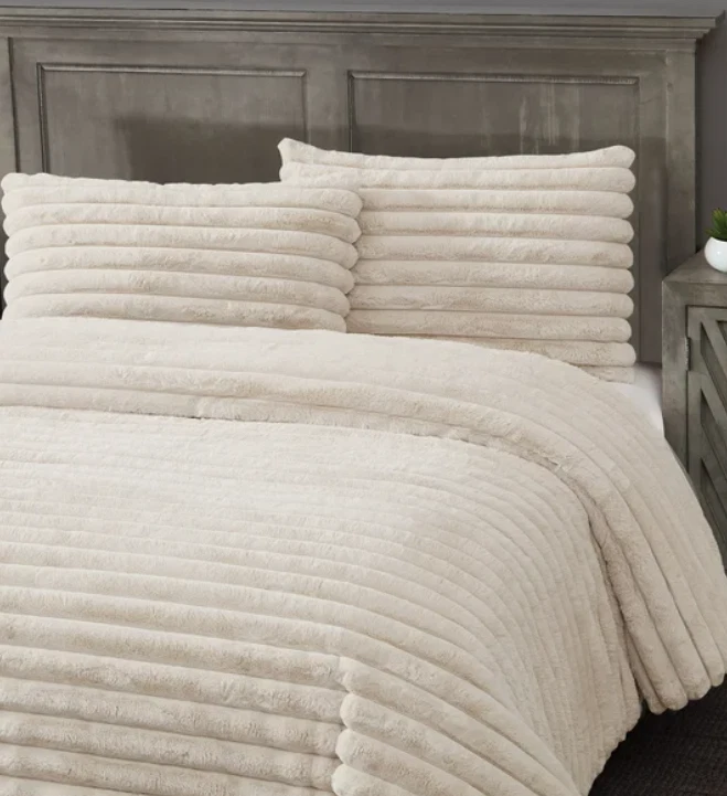 Frye 3 Piece Luxury Queen Faux Fur Comforter Bed Set Charcoal Ivory White