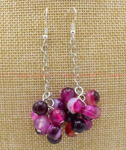 6mm Natural Rose Red Striped Agate Beads Grape Dangle Silver Hook Earrings AA - Picture 1 of 12