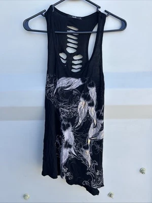 Camiseta sin mangas corta Papaya EE. UU. negra blanca gris con estampado de plumas envejecida - talla pequeña Foto 1 de 4