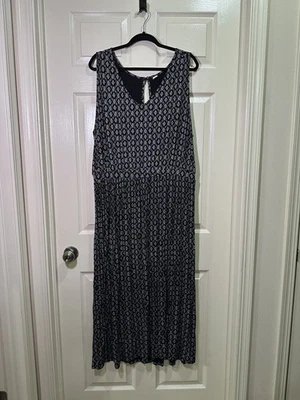 Maxi Vestido Antiguo Azul Marino Cintura Imperio Cuello en V Talla Grande 3X Negro Blanco Geométrico Foto 1 de 4