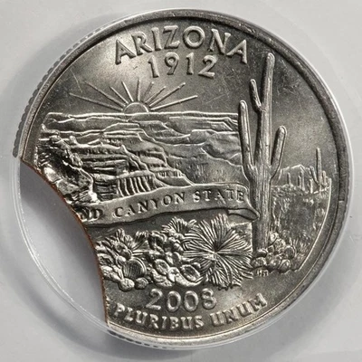 2008 ANACS MS63 Large Curved Clip Arizona Quarter Mint Error Extremely Rare - Image 1 of 4