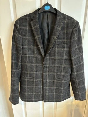 Very Mens Grey Brown Check Wool Blend Blazer Size 36 Slim Fit Only 1 Button Hole - Image 1 of 4