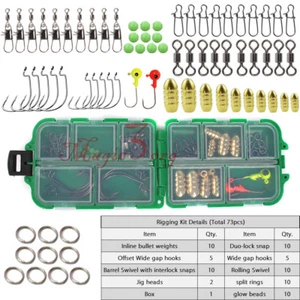 72pcs Mixed Fishing Tackle Set Texas Rig Solid Split Ring Swivel Hook Kit Box - Picture 1 of 12