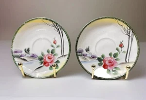 Vintage Takito Porzellan Untertassen Moriage handbemalt Blumen Hartriegel Perlen erhöht - Bild 1 von 8