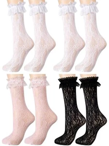 4 Pairs Little Girl Knee High Socks Kids Lace Long Socks Mesh with Bow Ruffle... - Picture 1 of 7