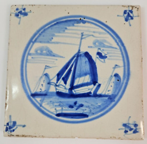 Antique Dutch Delft Blue 5"x5" Tile Old Nautical Landscape, Ocean and Sailboats