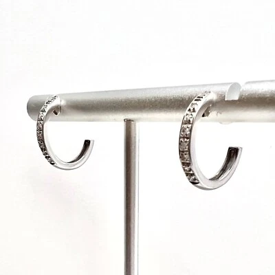 14K 585 Solid White Gold Diamonds .18ctw Huggie Hoop Earrings 15.8mm Signed - Image 1 of 4