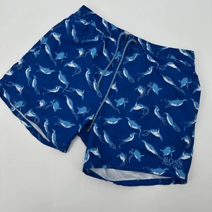 HUGO BOSS Swim Trunk Men Medium Blue Thermal Lined Allover Printed Elastic Waist - Picture 1 of 9