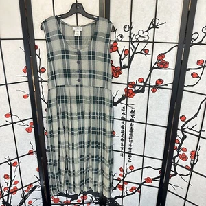 Vintage Talbots Plaid Dress Maxi Long Green Rayon Viscose Button Tie 14 Petite - Picture 1 of 5