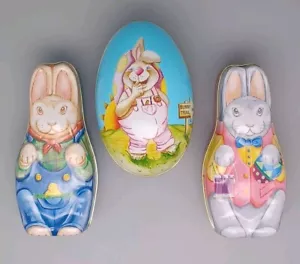 Lote 3 latas de caramelo de huevo de Pascua de metal vintage conejitos - Imagen 1 de 7