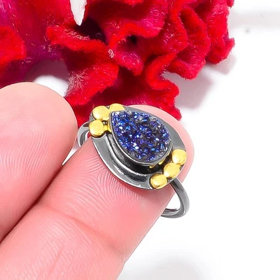 Anillo Eléctrico Azul Titanio Ágata Drusy Plata de Ley 925 S.8.5 R844224 Foto 1 de 4
