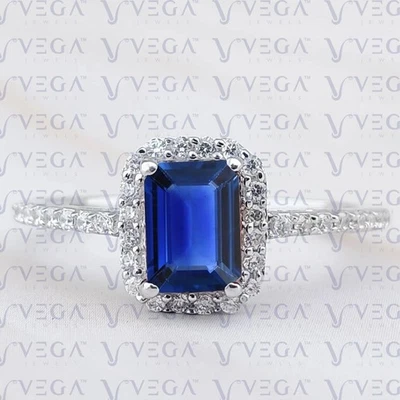 Anillo de mujer de 4,00 quilates con zafiro natural y diamantes talla esmeralda enchapado en platino 950PT Foto 1 de 4