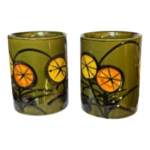 R2LVintage par de tazas de cerámica, tazas de café años 70, verde amarillo naranja flor mod - Imagen 1 de 9