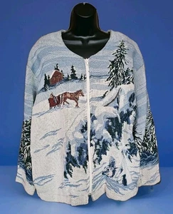 Vtg 90s AU Art Unlimited Sportswear Womans L Tapestry Jacket Winter Scene Zip  - Picture 1 of 21