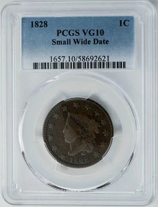1828 Large Cent 1c Small Wide Date VG10 PCGS 950157-2 - Picture 1 of 5