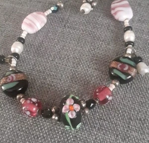 Genuine Baroque Pearl & wedding cake Handpainted Glass Bead Bracelet - Picture 1 of 8