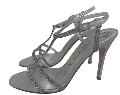 GINA INCREÍBLES SANDALIAS DE CUERO LAMINADO PLATEADO CON CRISTALES UK 37 *NUEVAS* Foto 1 de 4