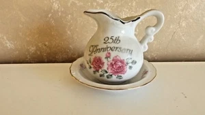 25th Anniversary White Creamer w Saucer Japan Enesco Betty Whiteaker 1991 CL36-8 - Picture 1 of 5
