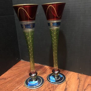 2 Pier One 10.5” Hollow Stem Champagne Flutes Mouth Blown Hand Painted Colorful - Picture 1 of 4