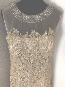 Teri Jon $1099 NWOT 10/12 Beaded Neck Tulle Mermaid Ball Dress Gown Lace Gold - Picture 1 of 12