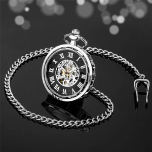 Bronze Roman Number Unisex Skeleton Manual Mechanical Pocket Watch Pendant Chain - Picture 1 of 15