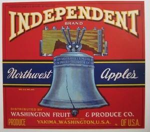 Etiqueta de caja de manzana patriótica vintage con campana de la libertad - Yakima, Washington * - Imagen 1 de 2