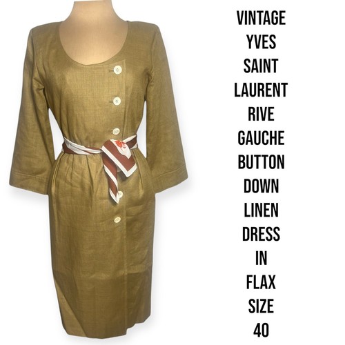 SAINT LAURENT (YSL) Abito vintage anni 70 Yves Saint Laurent rive gauche in lino abbottonato abbronzato lino