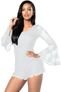 Abito tuta ricamo pizzo nudo scollo Cerimonia mini Lace Party Romper dress L - Foto 1 di 3