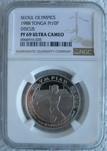 Tonga 1988 1/2oz Platinum 10 PA'ANGA NGC PF-69 Ult.Cameo Olympics-Discus Thrower - Picture 1 of 3