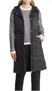 NORDSTROM WOMENS ELONGATED QUILTED PUFFER VEST HOODED BLACK SIZE LARGE NWOT $160 - Picture 1 of 6