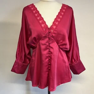 Monsoon Satin Blouse Size 14 Pink Lace Trim Long Sleeves New RRP £50 - Picture 1 of 8