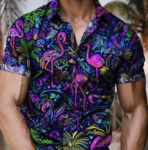 Golf Shirt Mens 2XL Button Up Hawaiian Retro Neon Flamingo Over Print 80’s New - Picture 1 of 13