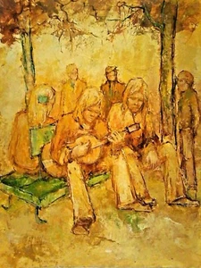70's Listed FRENCH SCHOOL CLAUDE FARCY IMPRESSIONIST ORIG O/B GUITARIST in PARK  - Picture 1 of 10