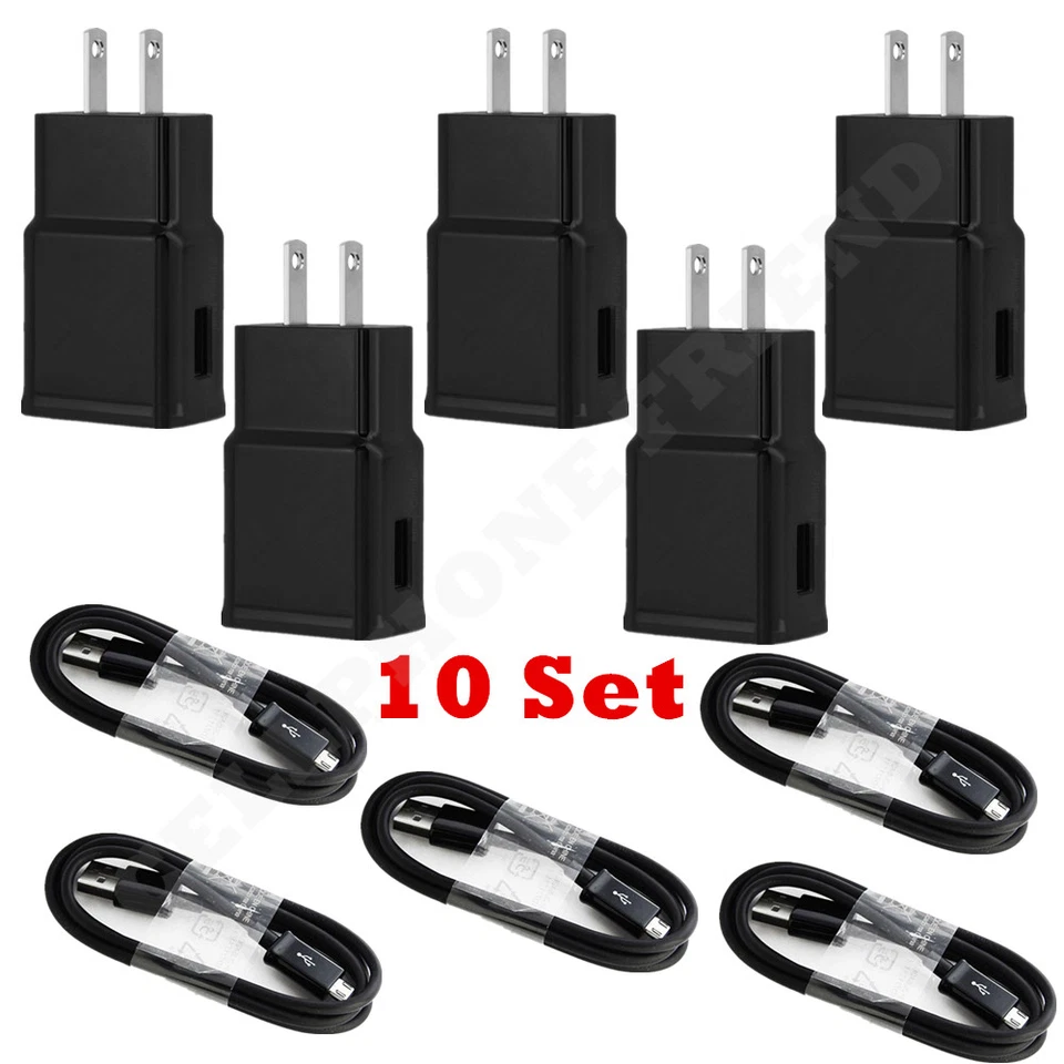 10 Set USB Power Adapter Wall Charger Micro Cable Cord US Plug For Samsung Black - Image 1 of 4