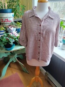 Vintage 1940s 1950s Brown White Gingham Checkered Blouse Handmade Size L/XL