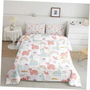 Cartoon Dino Comforter Set Dinosaur Comforter Cute Jungle Toddler Pink Green - Picture 1 of 6