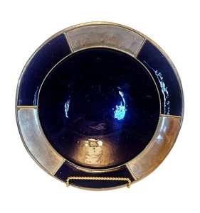 Vintage Keramik Schüssel Kobaltblau Glasur Marokkanisch Metallintarsien Terrakotta Fuß 14" - Bild 1 von 10