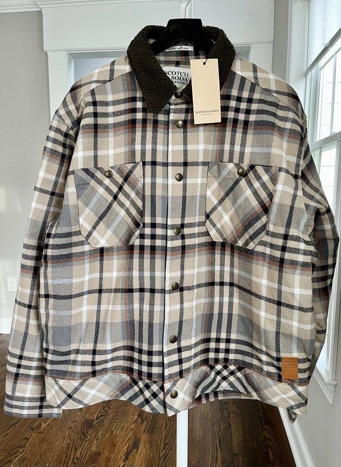 Chaqueta grande de franela Sherpa Scotch & Soda Eisenhower marrón tostado moca para hombre NUEVA Foto 1 de 4