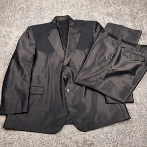 Vtg Circle S Western Suit Mens Black 52R Jacket 40x30 Pants Rockabilly Long Yoke - Picture 1 of 20