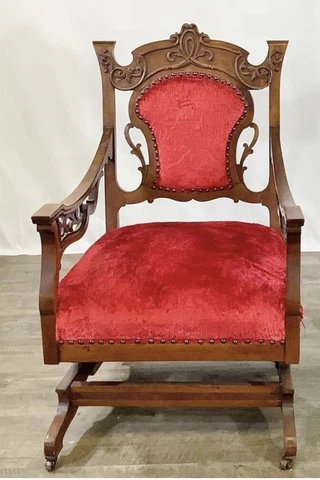 Rare Antique Eastlake Style Carved Victorian Rocking Chair W/Fretwork Beautiful Cover