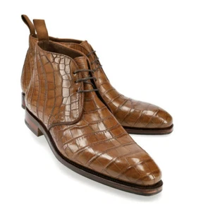 Handgefertigte braune Herren-Stiefeletten aus Leder mit Krokodilstruktur, Bürostiefel - Bild 1 von 3