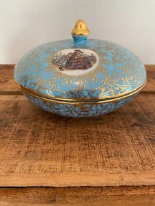 Vintage  M&R Coverd Trinket Dish or Candy Bowl Hand Painted Turquoise and Gold - Picture 1 of 11
