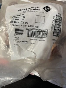 Elkhart  3/4” in. Copper C x C Coupling With Stop Lot Copper Qty 25 Fittings - Picture 1 of 3