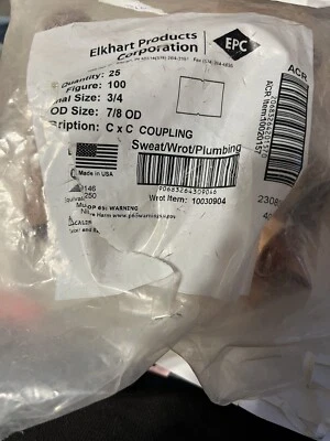 Elkhart  3/4” in. Copper C x C Coupling With Stop Lot Copper Qty 25 Fittings - Image 1 of 3