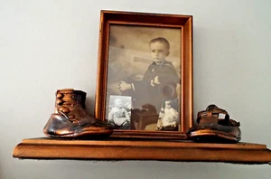 EARLY 1900s***ANTIQUE COPPER BRONZE BABY SHOES WITH FRAME!! - Picture 1 of 6