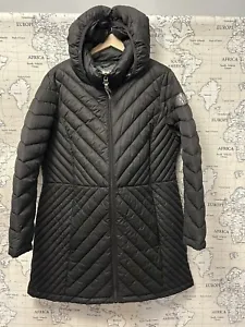 Used DKNY Women's Hooded Packable Chevron Puffer Coat Size 16 Black - Picture 1 of 9