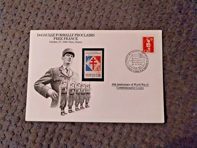 FRANCE FIRST DAY COVER 90 50th ANNIV OF WWII DeGAULLE FORMALLY PROCLAIMS 3 FRANC - Image 1 of 2